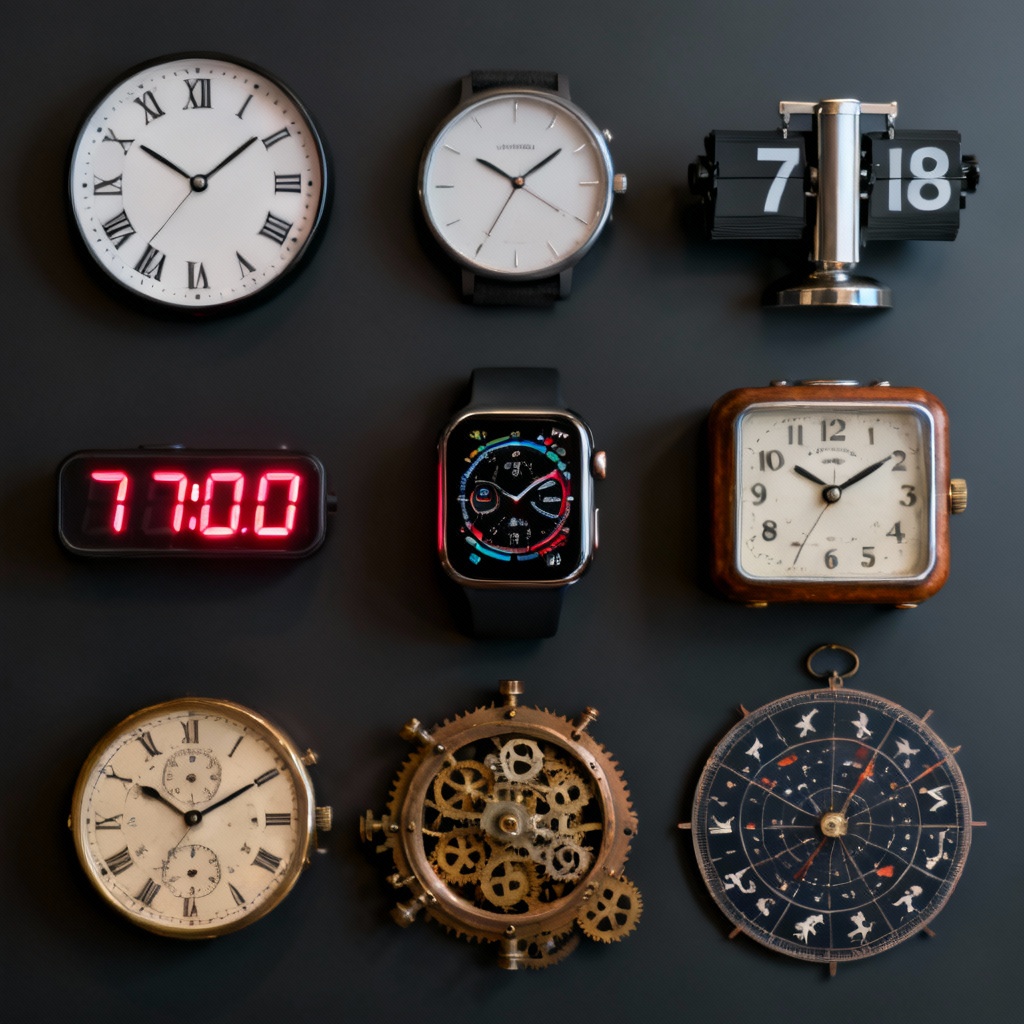 Collage of AI-generated analog, digital, and smartwatch clock faces