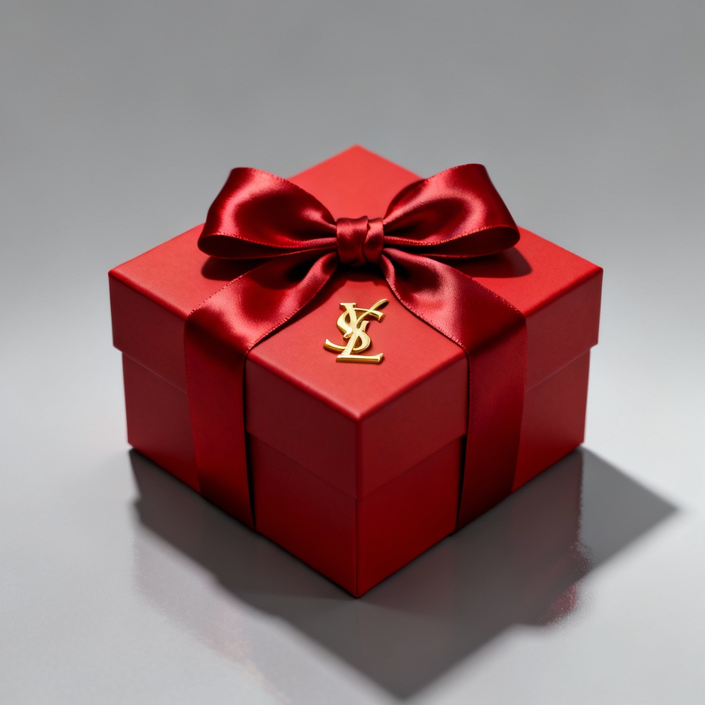 AI 3D render of a red gift box with satin ribbon and gold logo