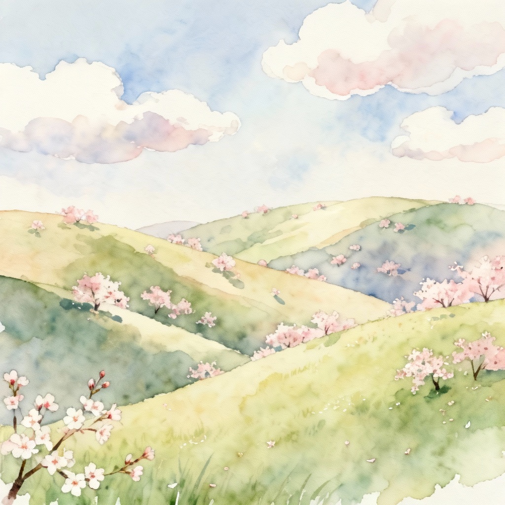 AI watercolor painting of spring rolling hills