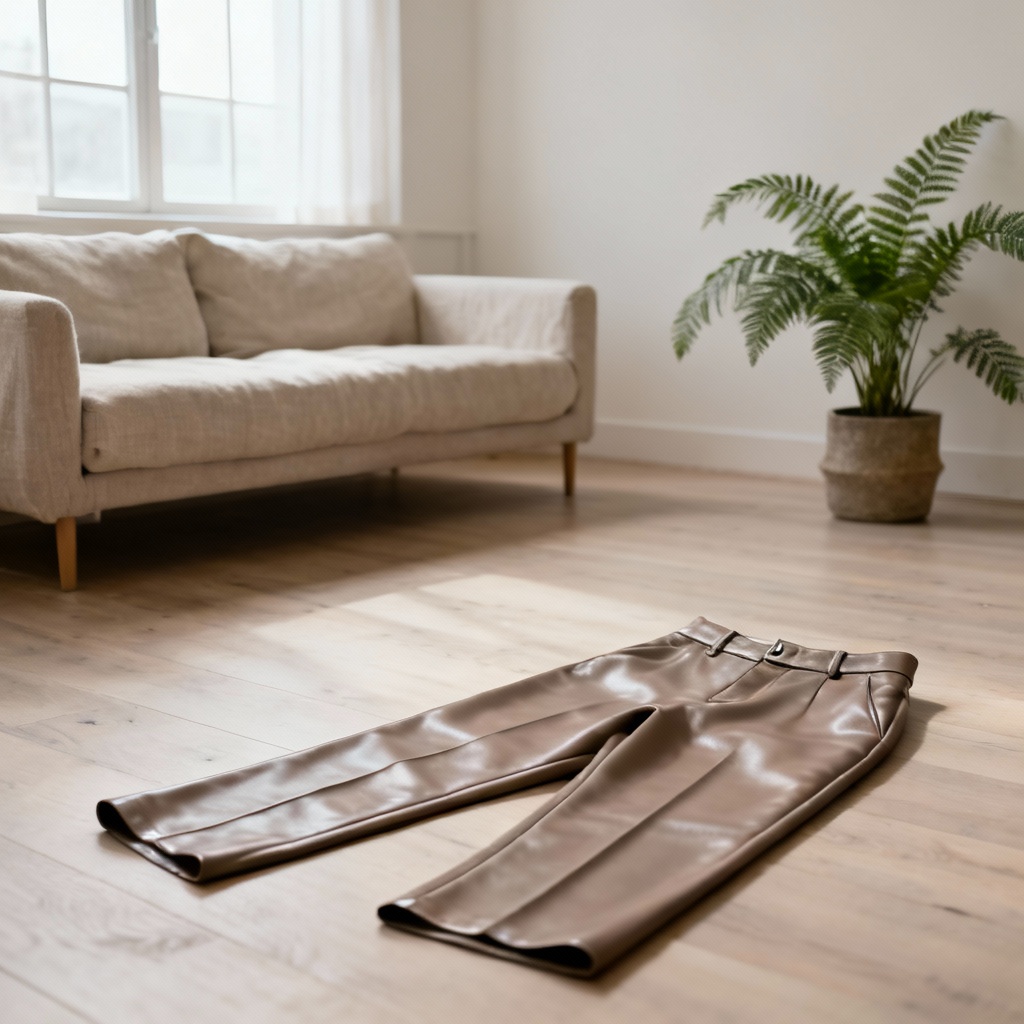 AI taupe straight-leg faux leather trousers in lifestyle scene