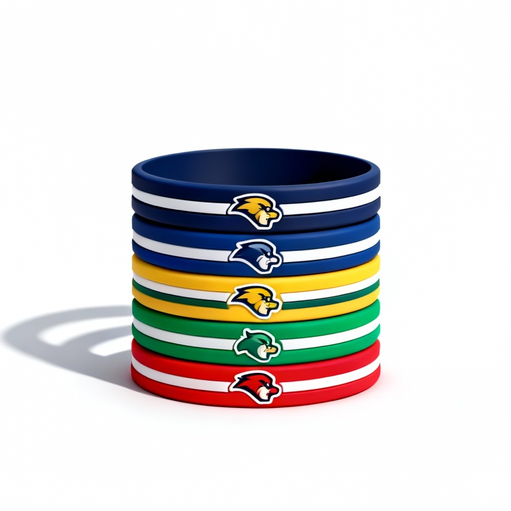 Stack of team spirit silicone wristbands in school colors
