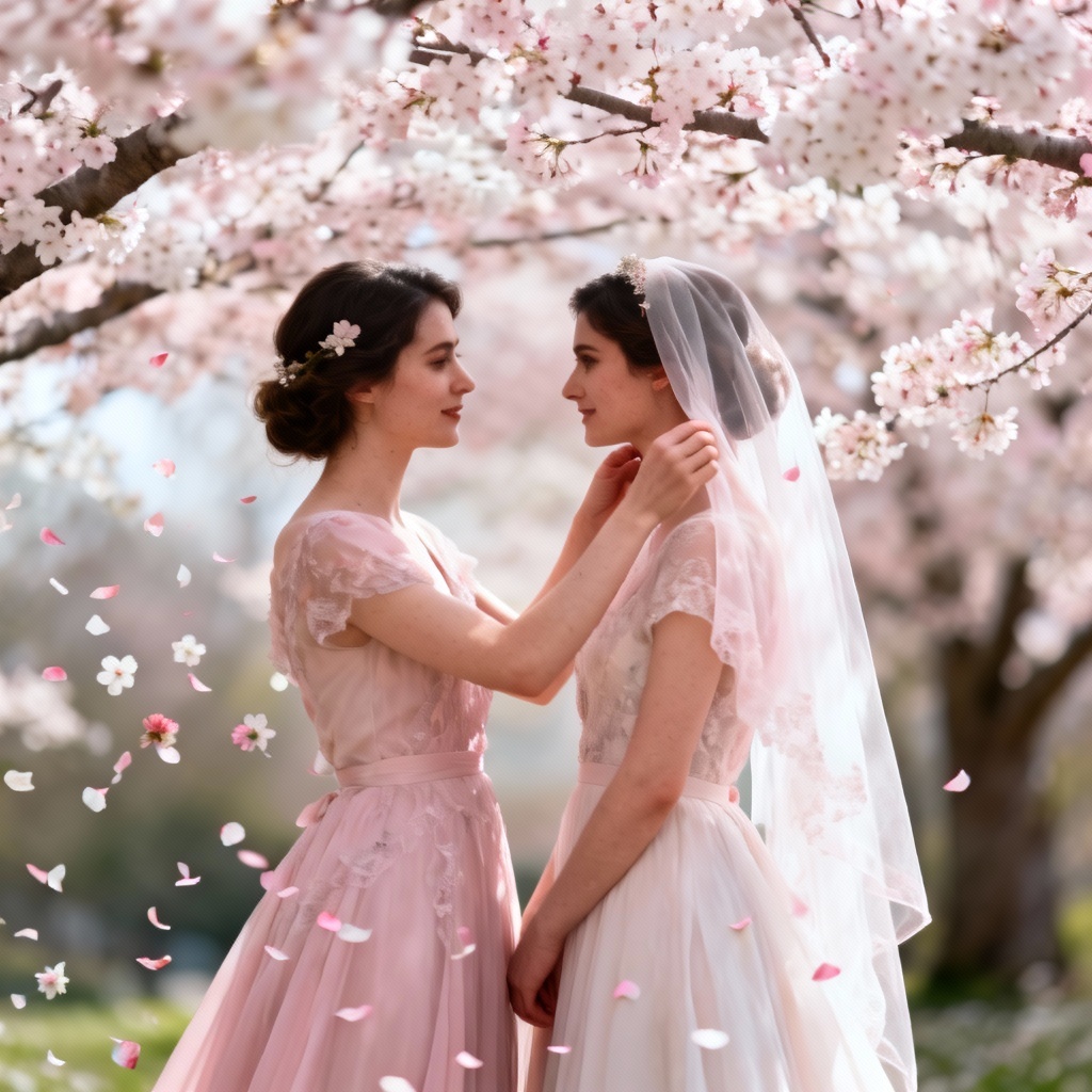 WLW wedding moment under cherry blossoms