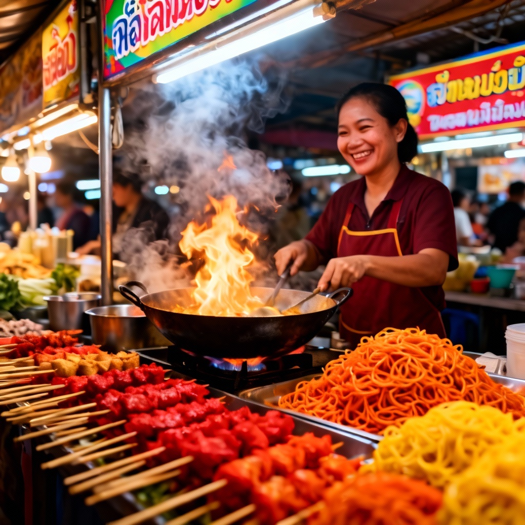 AI Thai street food market with sizzling woks and steam