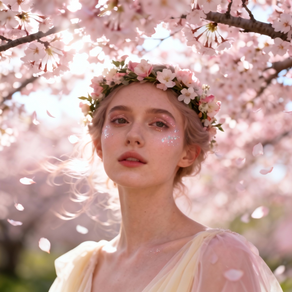 AI spring fantasy portrait with cherry blossoms and fairy light