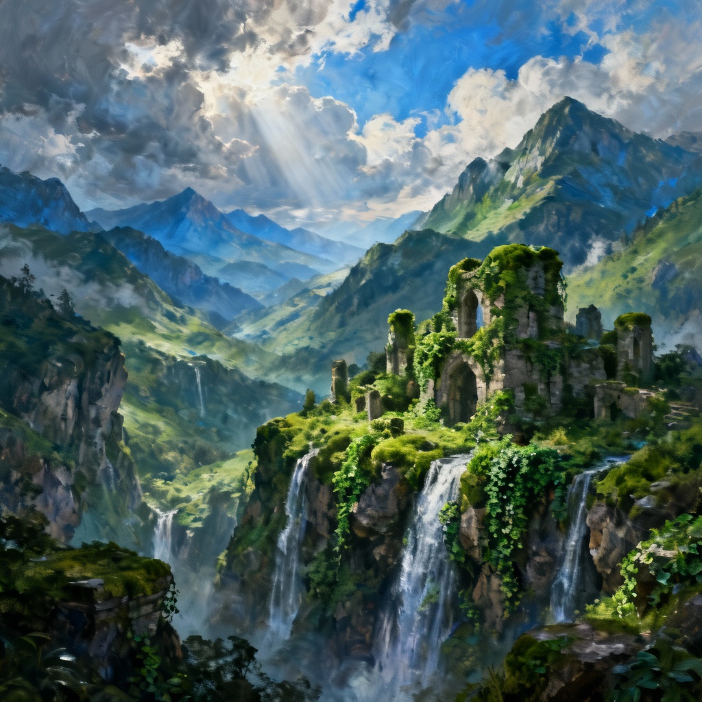 AI fantasy mountain valley with waterfalls and ancient ruins