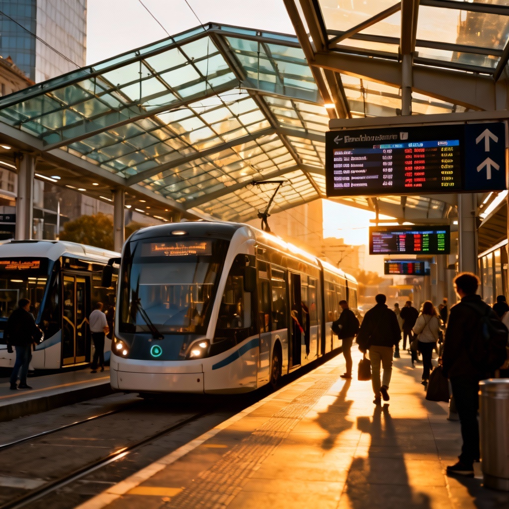 AI public transportation generator hero image of a modern city transit hub
