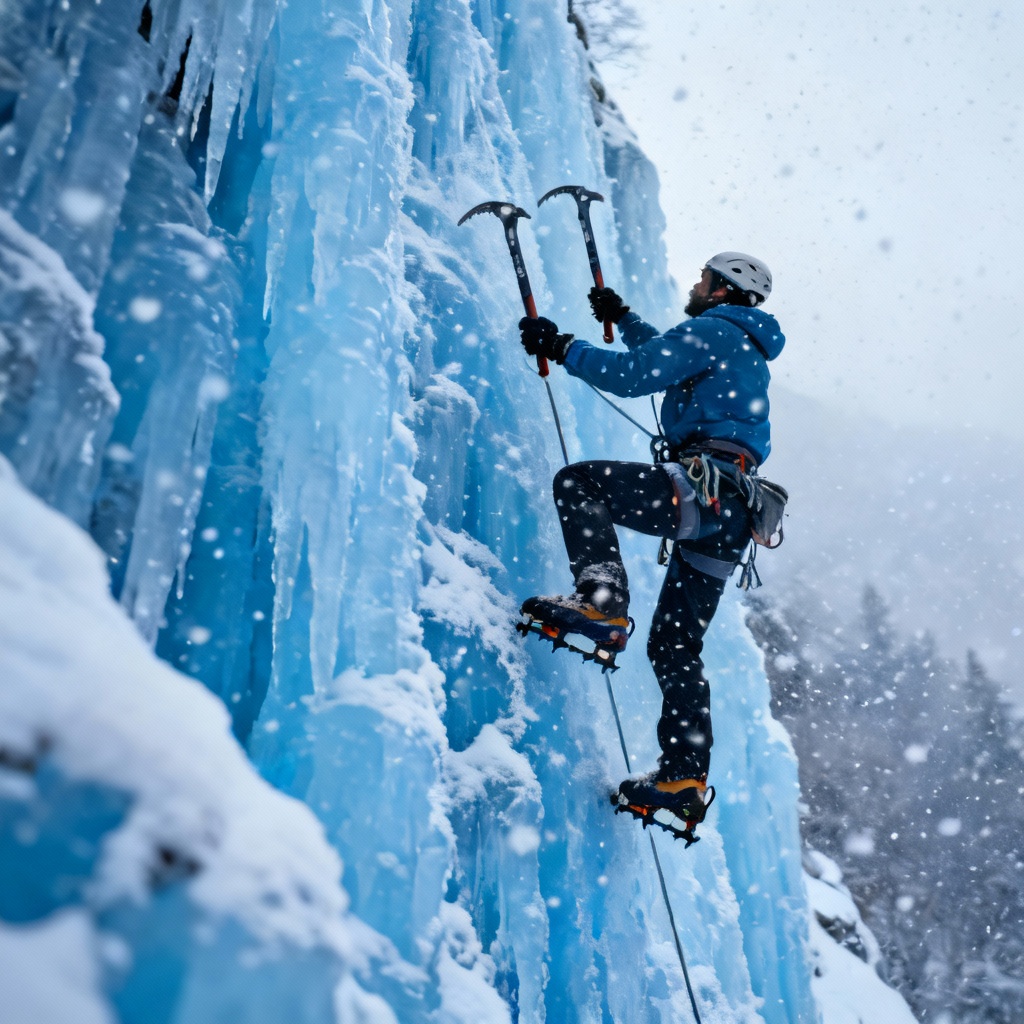 AI ice climber on a blue frozen waterfall
