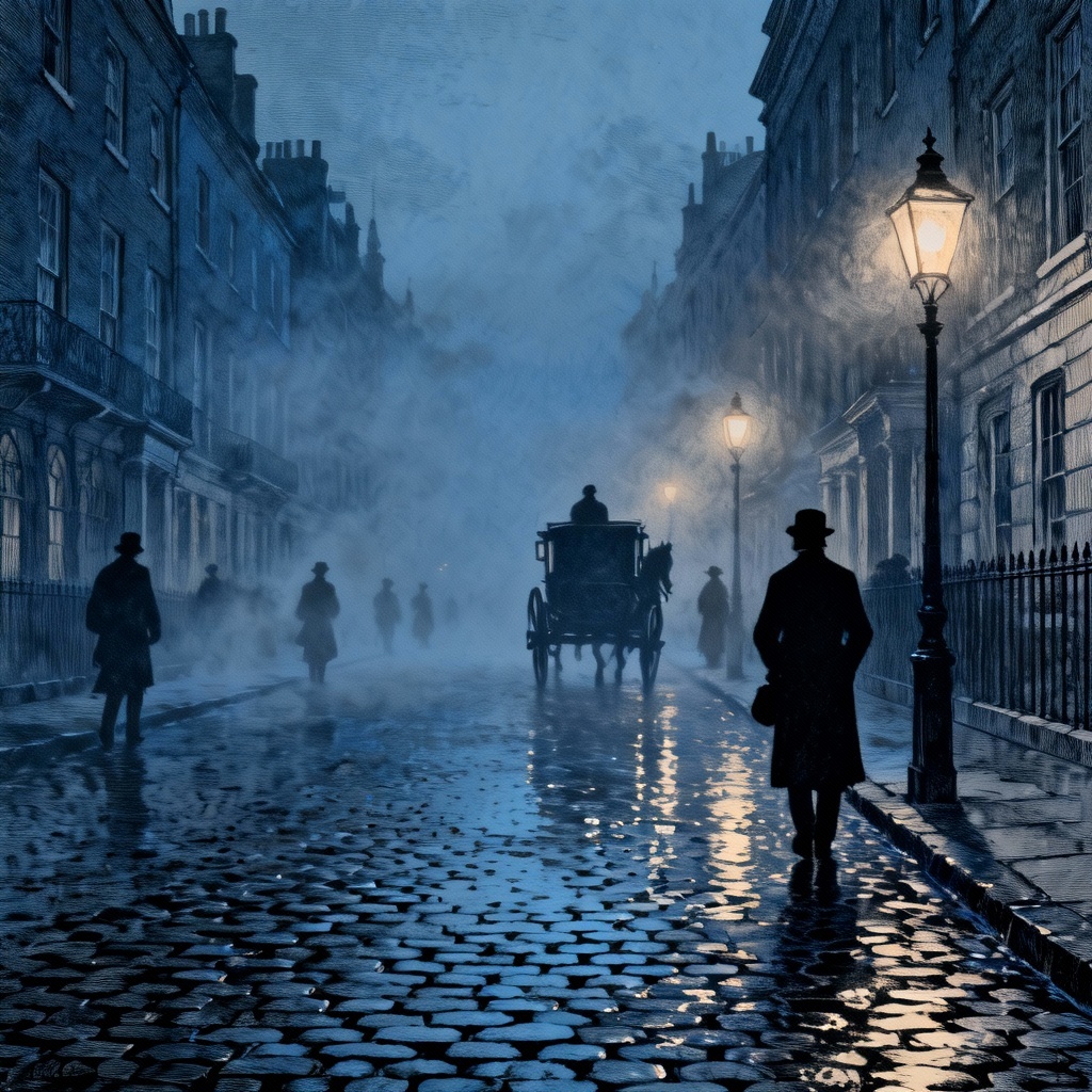 AI image of Dickensian street with gas lamps and fog