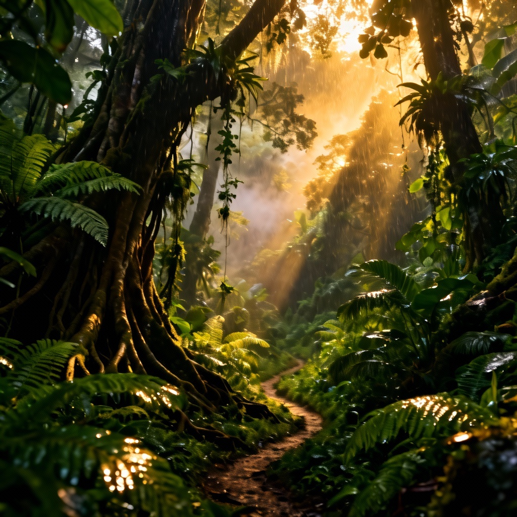 Cinematic rainforest valley with dense canopy after rain