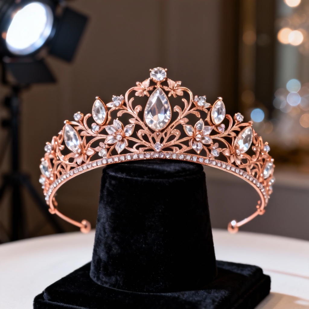 AI generated rose gold bridal tiara with pear-cut diamonds on a velvet stand