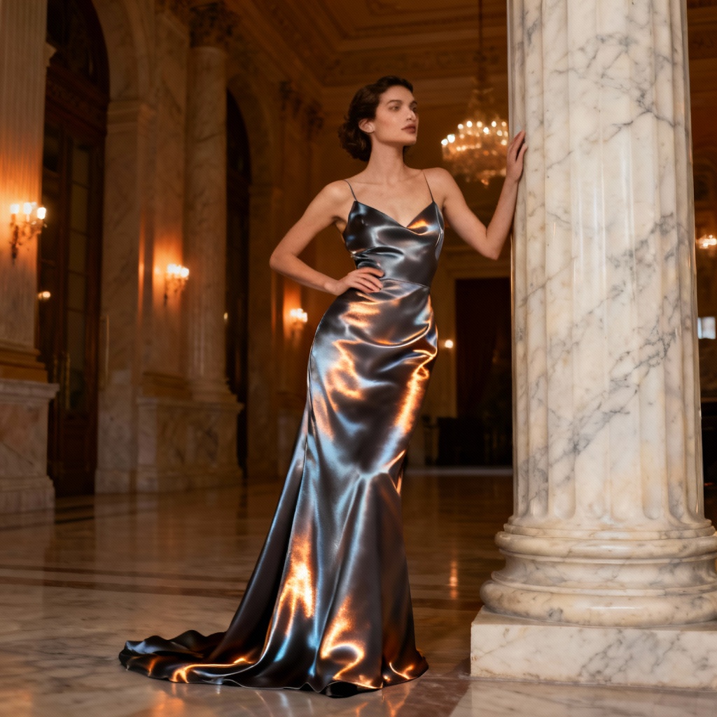 Adult model girl in luxury evening gown editorial scene