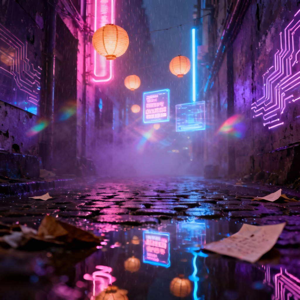 AI ethereal neon city with rain reflections