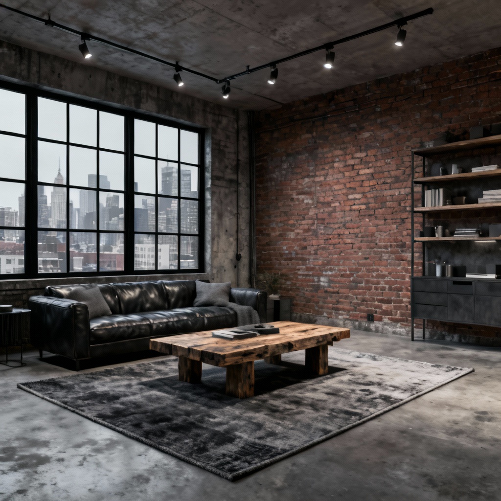 AI industrial loft studio with brick wall and steel windows