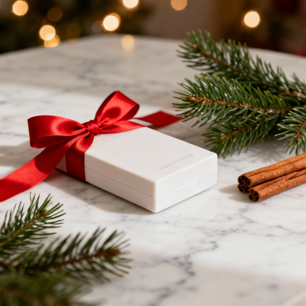 AI Christmas product photo with ribbon and pine