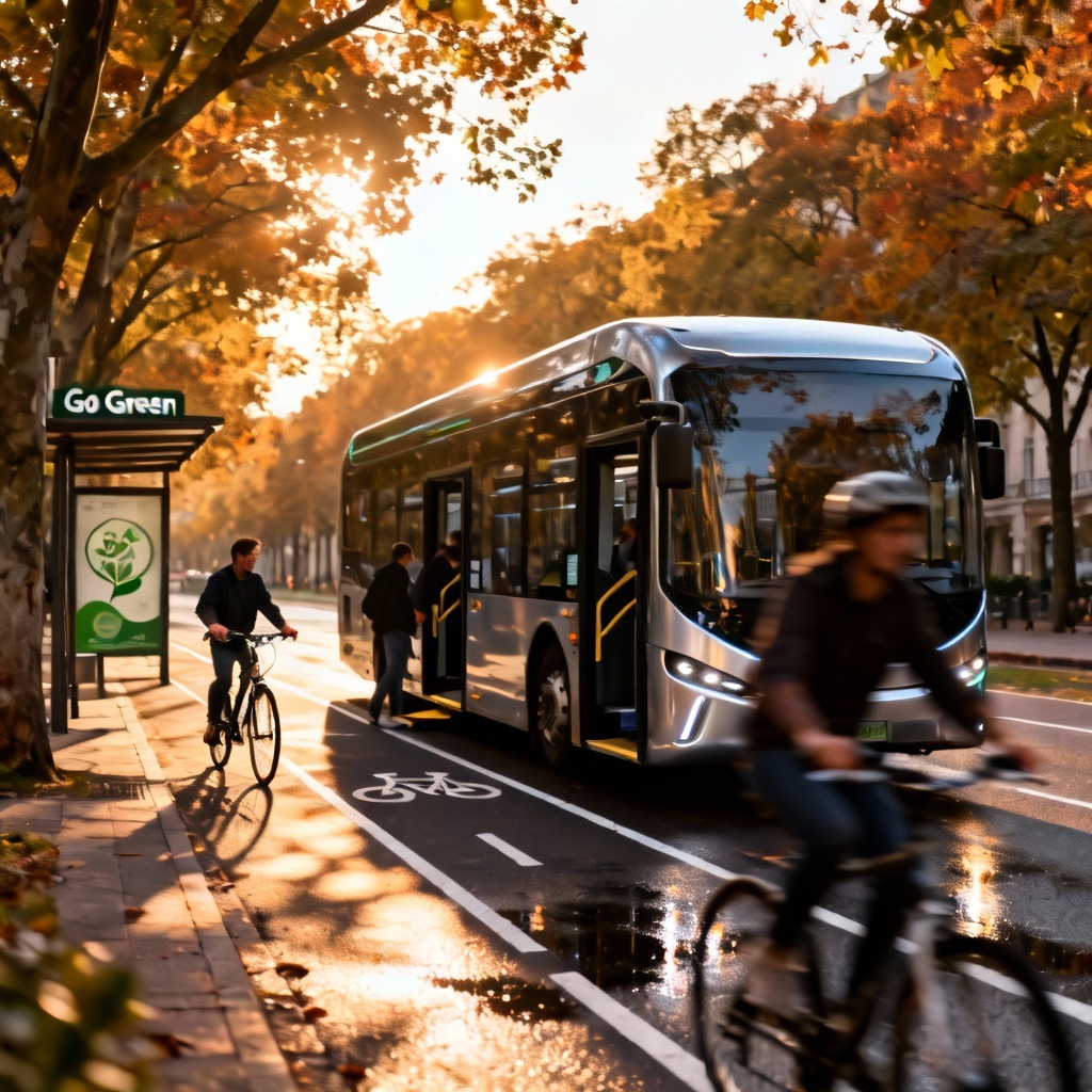 AI photoreal electric bus scene with passengers boarding