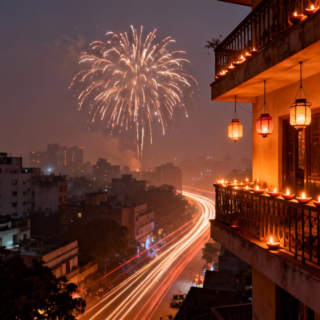 AI Diwali cityscape with fireworks and lanterns