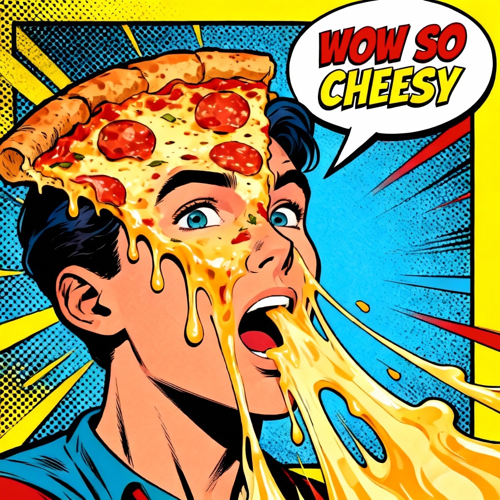 Retro comic pizza meme with bold halftones and cheese stretch