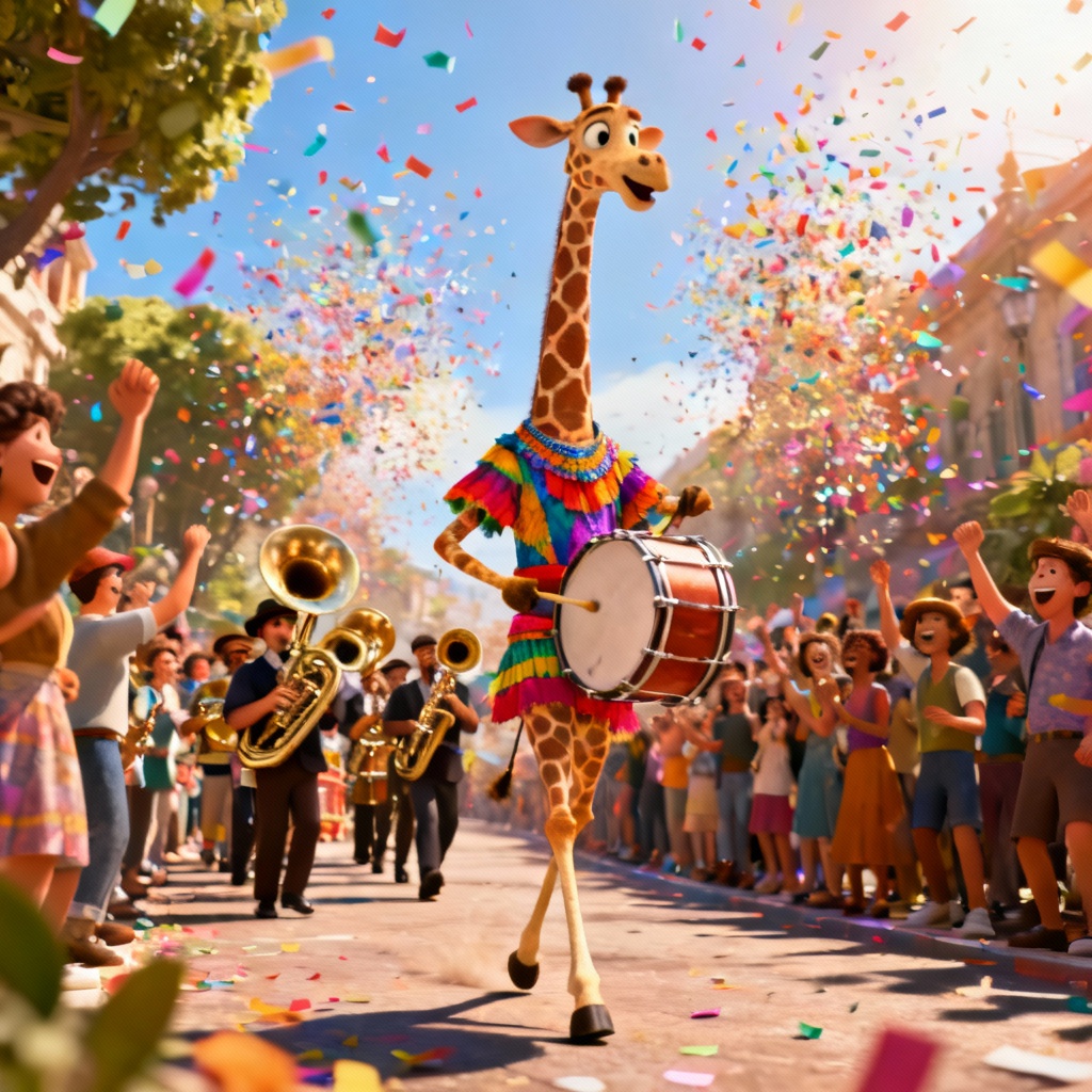 AI Zootopia 2 style giraffe drummer at parade