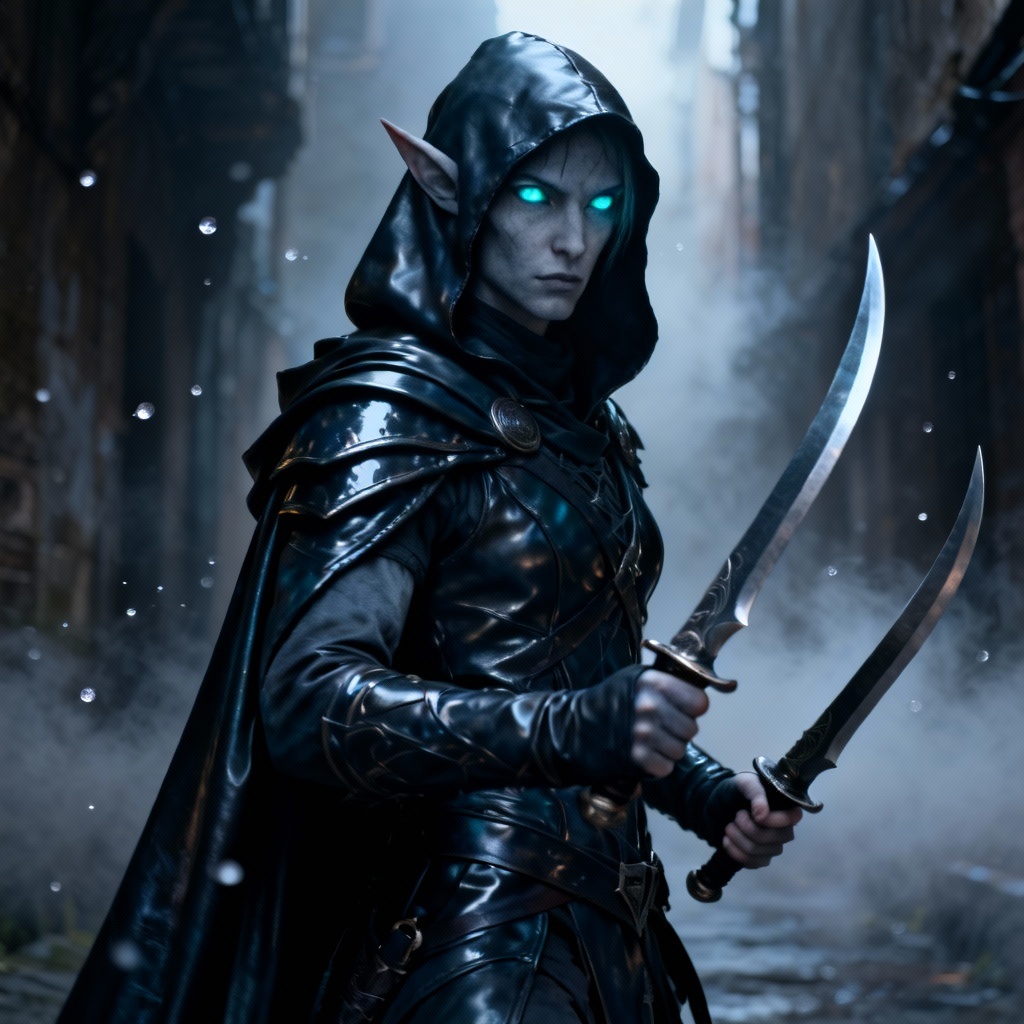 AI shadow elf rogue in hooded cloak with twin daggers