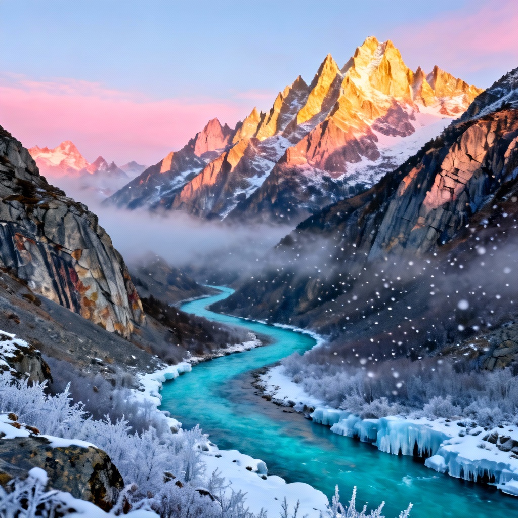 AI glacial mountain panorama at dawn with low fog