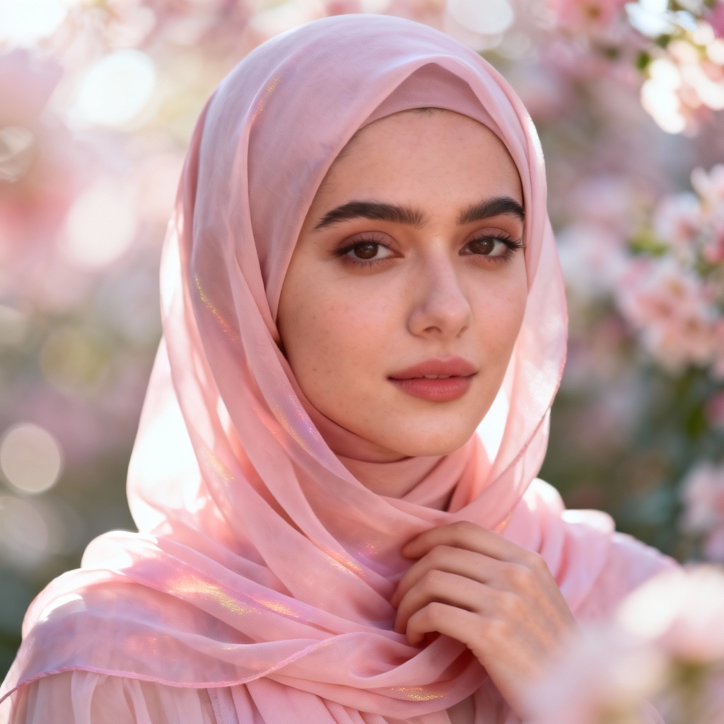 AI pastel hijab portrait with soft bokeh flowers