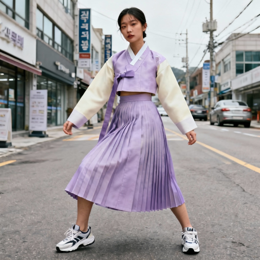 AI modern fusion hanbok street fashion look in pastel tones