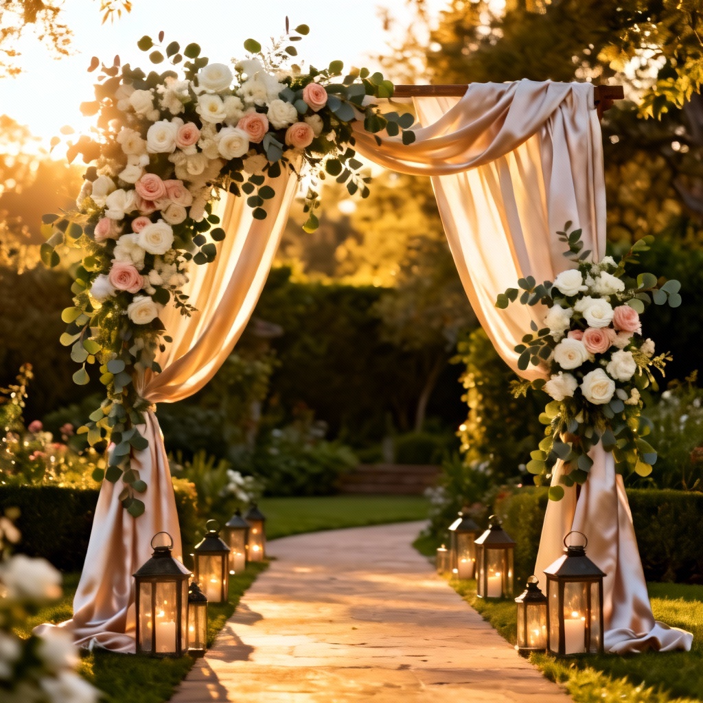 AI wedding decoration with floral ceremony arch and aisle styling