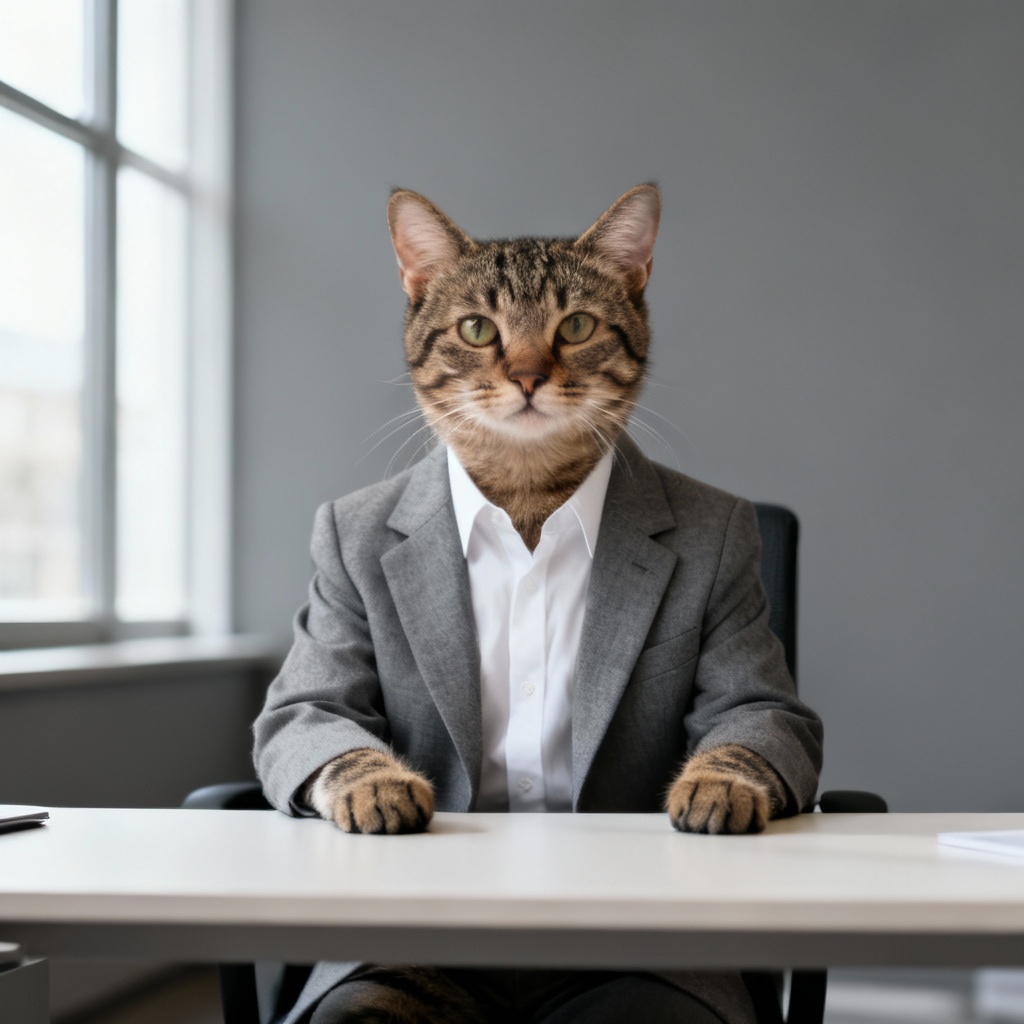 AI tabby cat corporate interview headshot at a desk