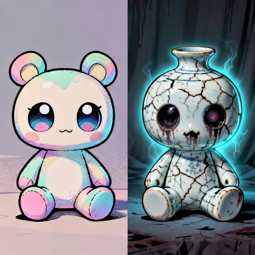 AI cute vs horror split mascot