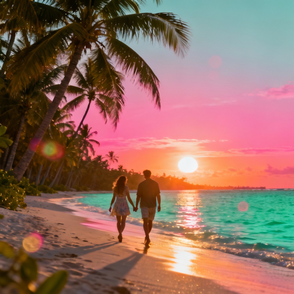 AI summer vibes image of a couple on a neon sunset beach