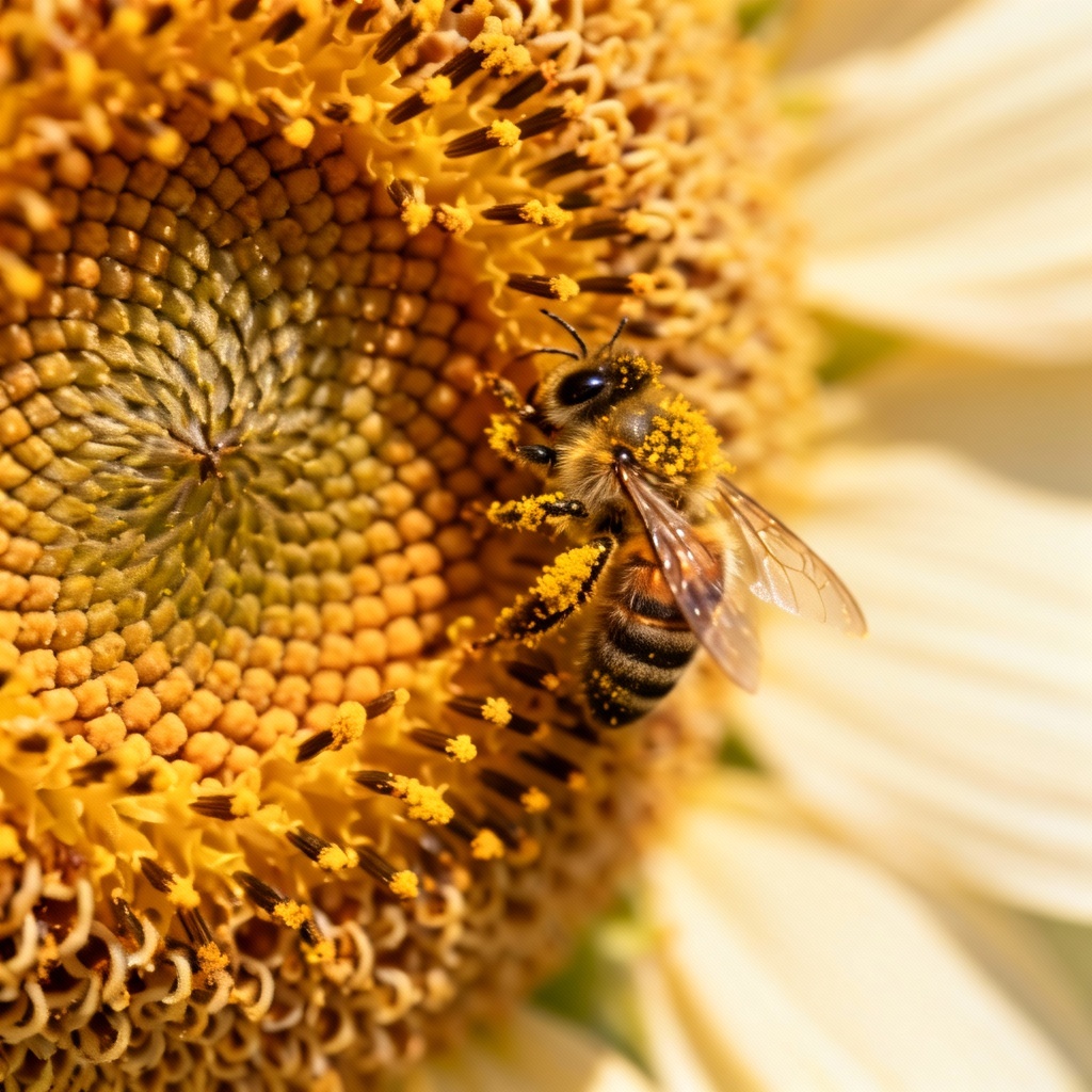Macro sunflower center with a bee gathering pollen