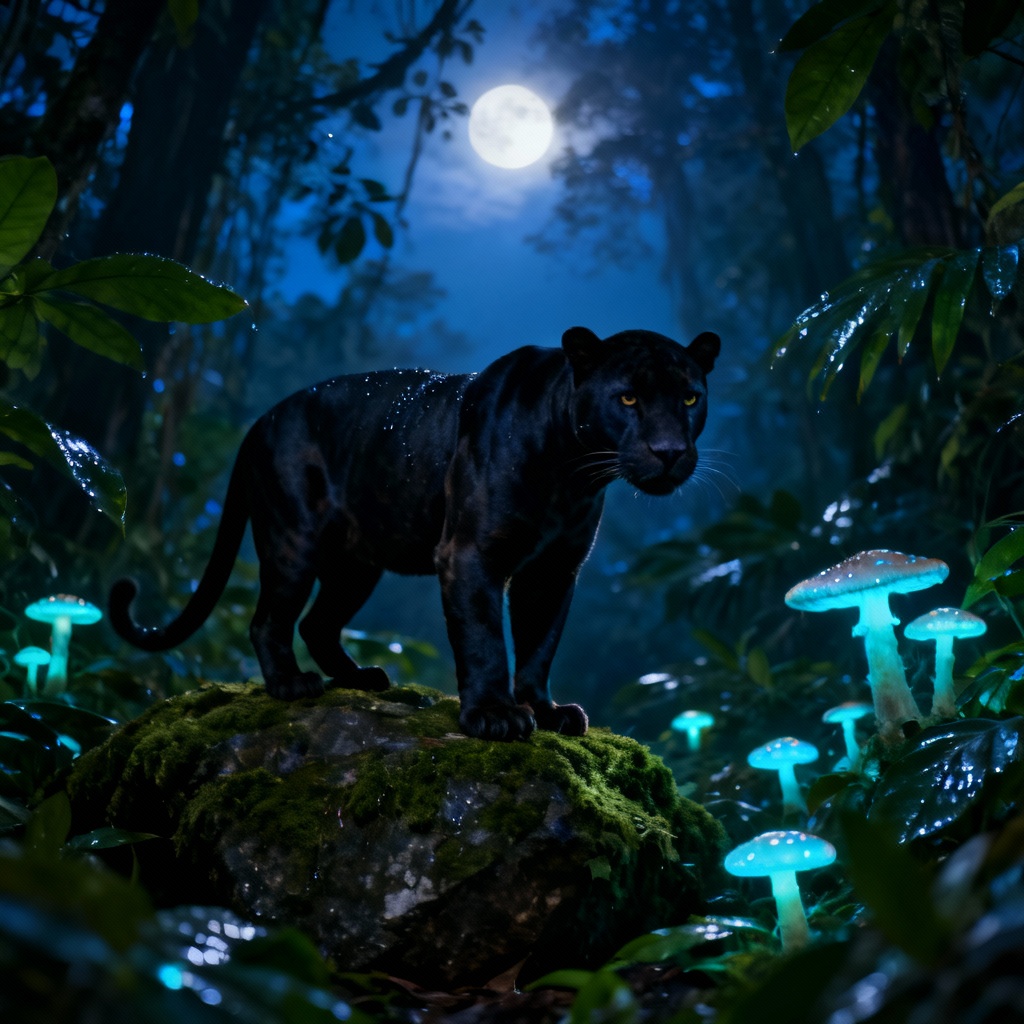 AI jungle at night with black panther on mossy rock under moonlight