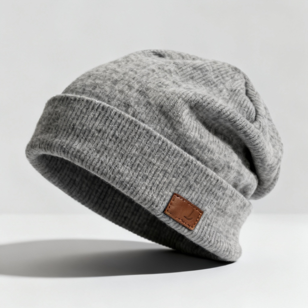 AI slouchy heather gray beanie with leather patch