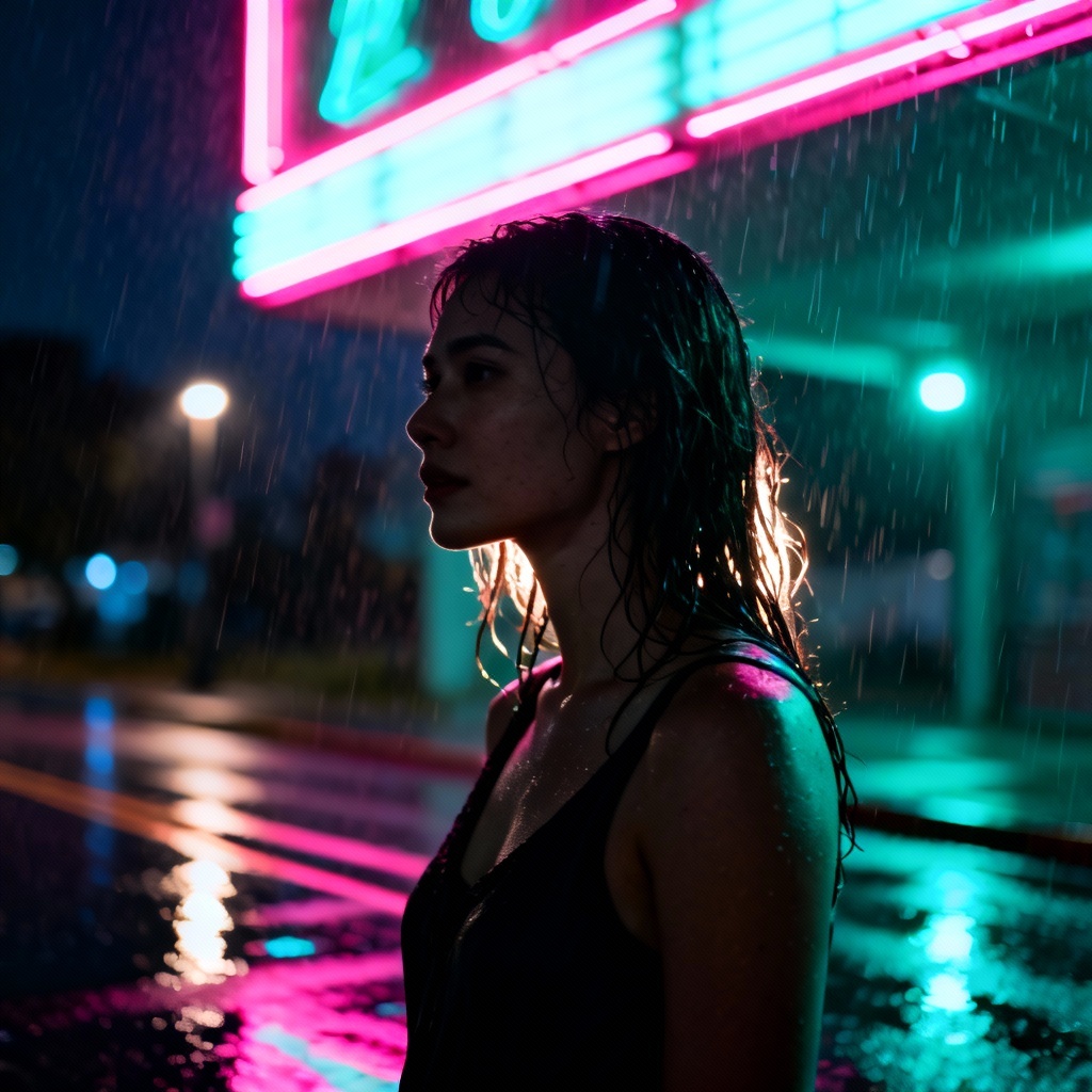 AI realistic girl neon city night portrait, adult woman