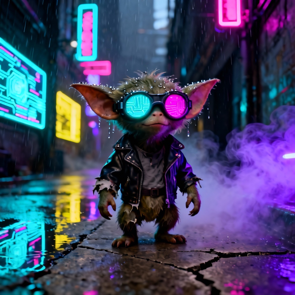 Cyberpunk gremlin with neon lights and rain reflections