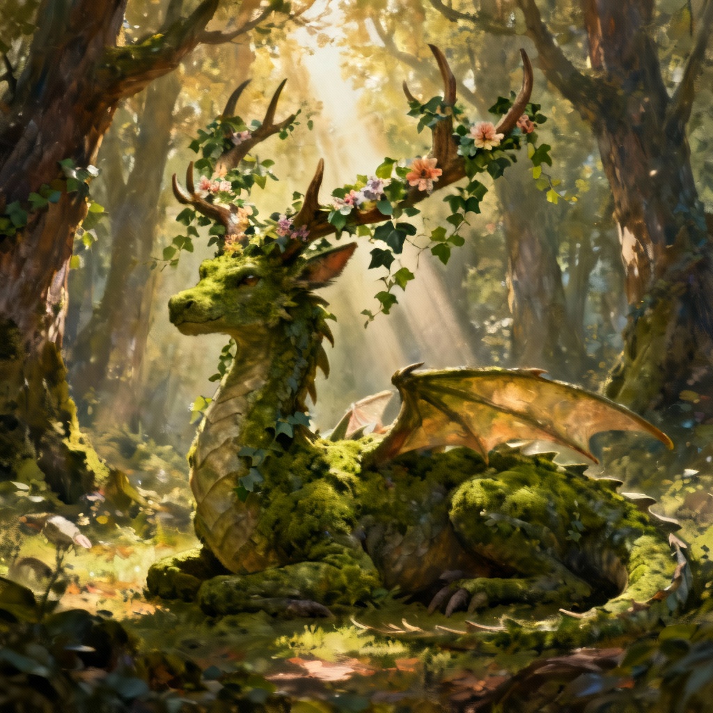 AI moss dragon resting in a sunlit forest