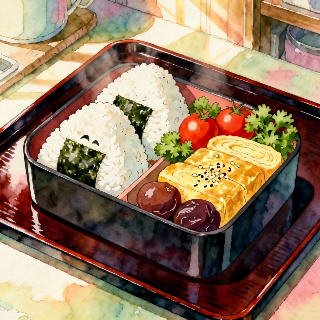 AI ghibli bento box with onigiri and tamagoyaki
