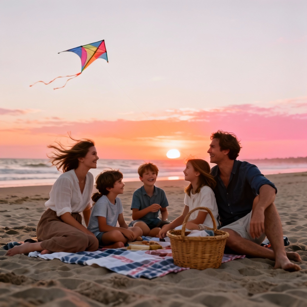 AI beach picnic family gathering at sunset