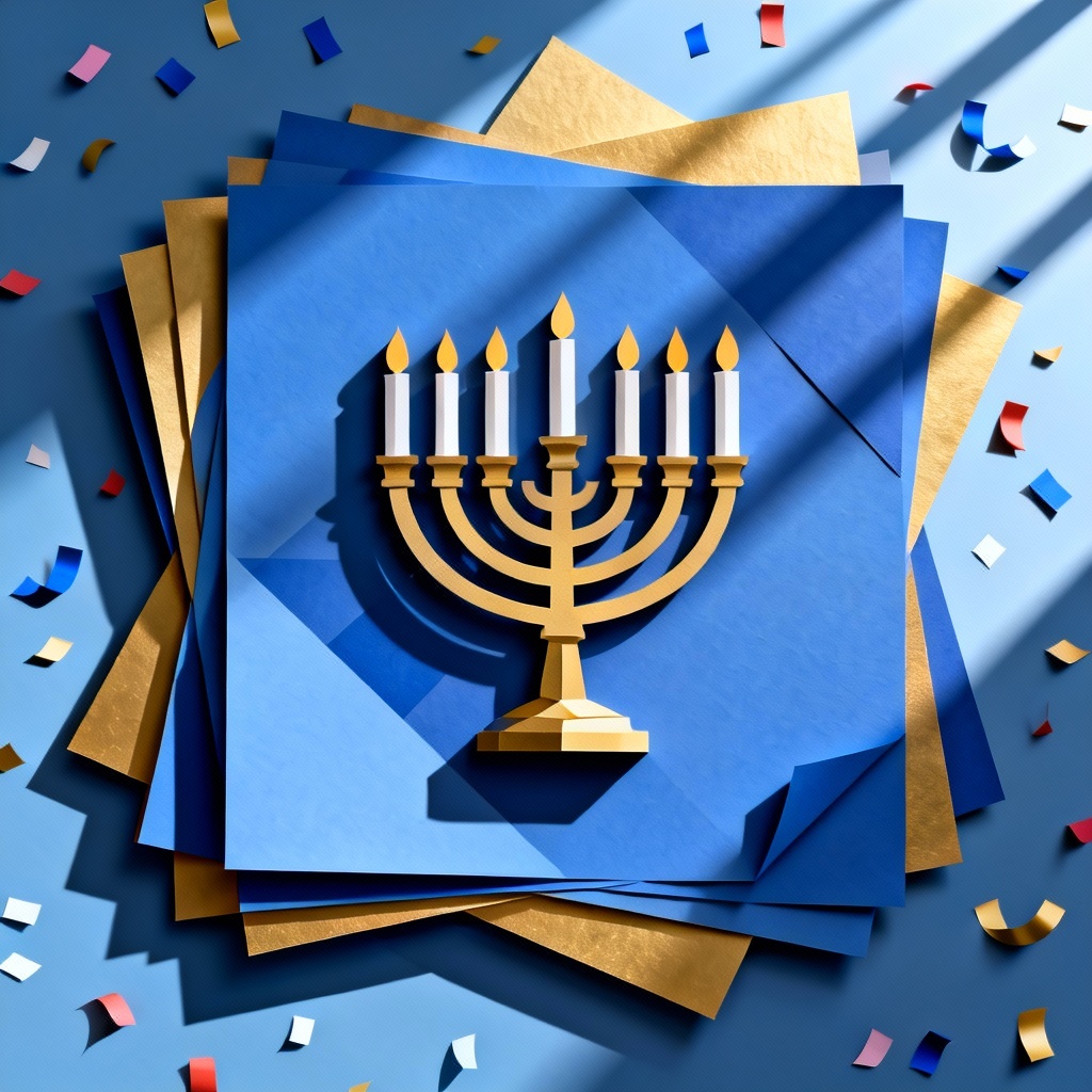 Layered paper-cut style menorah artwork with blue and gold layers