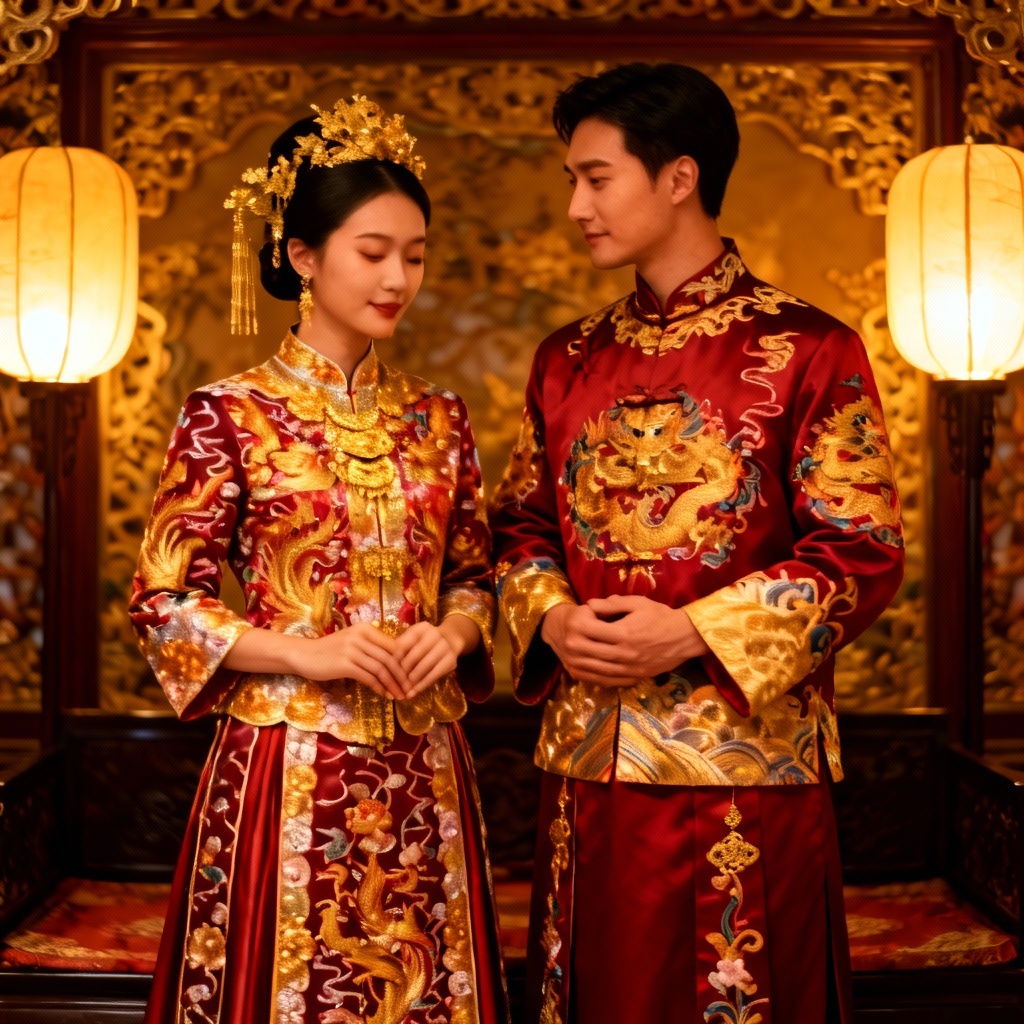 AI married couple in traditional cultural wedding attire