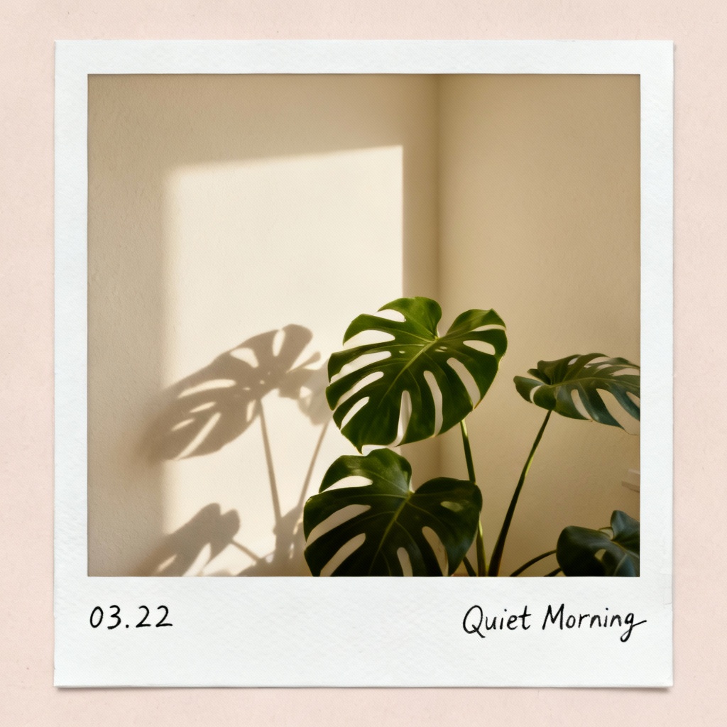 AI polaroid interior with plant shadow and clean white border