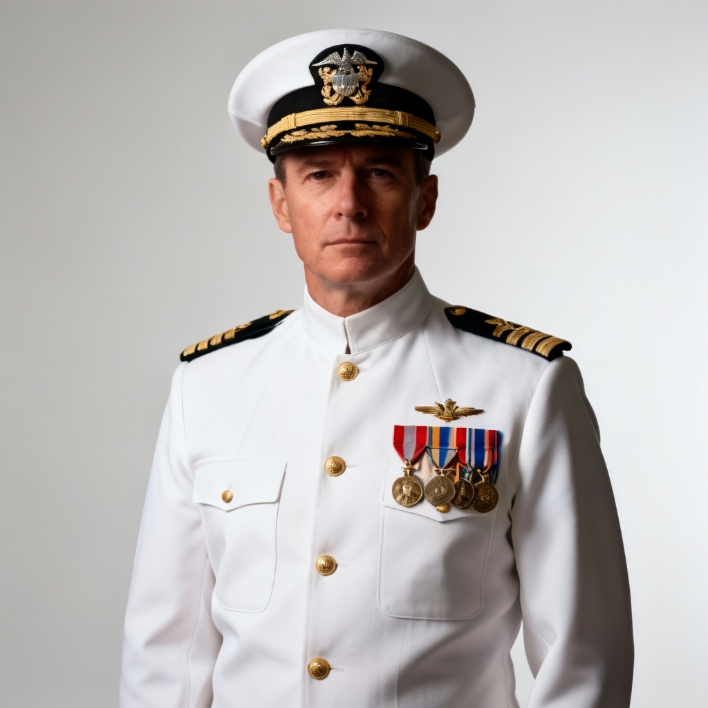 Studio portrait of a naval officer in dress whites with medals