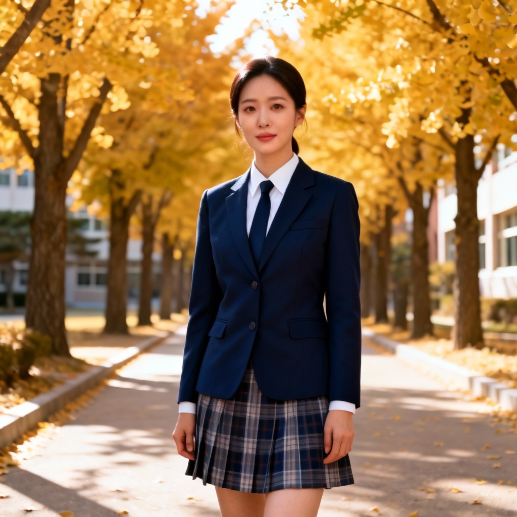 Adult model in Korean school uniform style on a Seoul campus