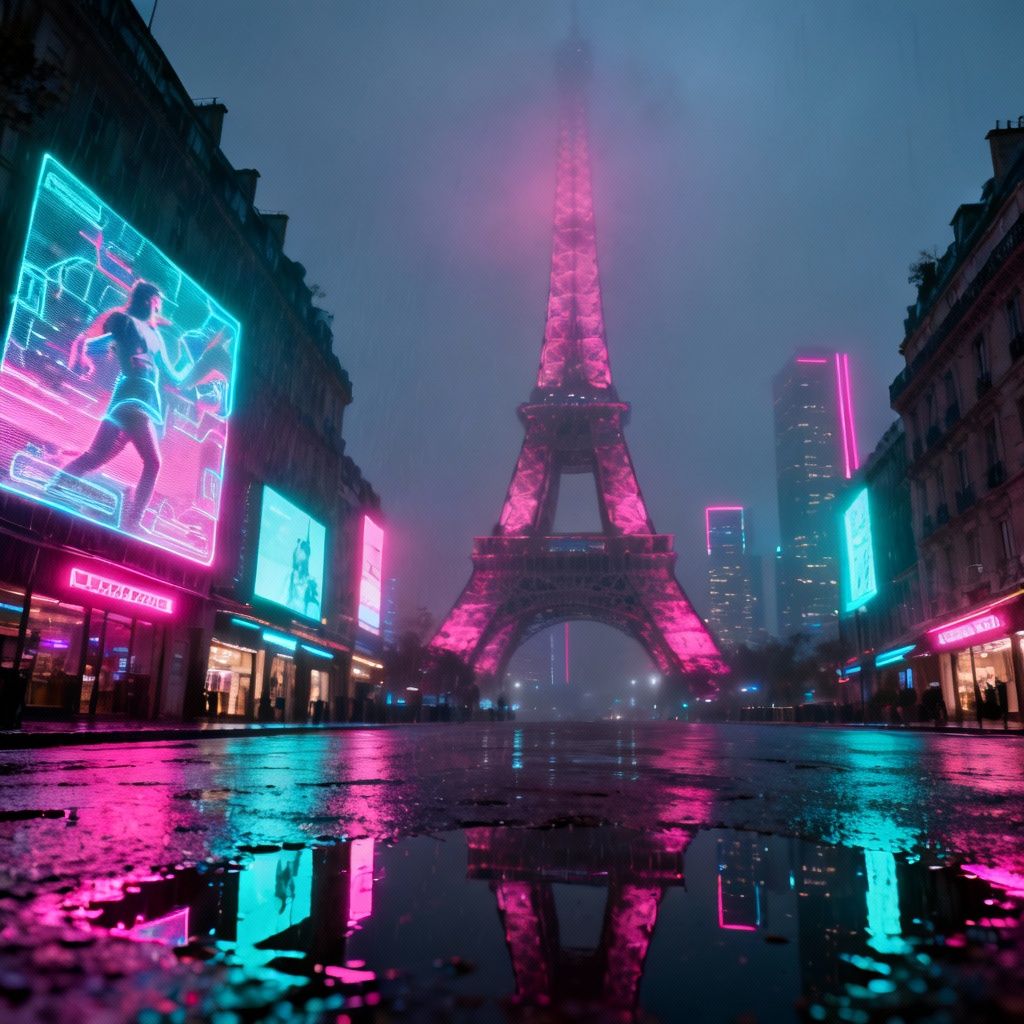 AI cyberpunk Eiffel Tower neon cityscape