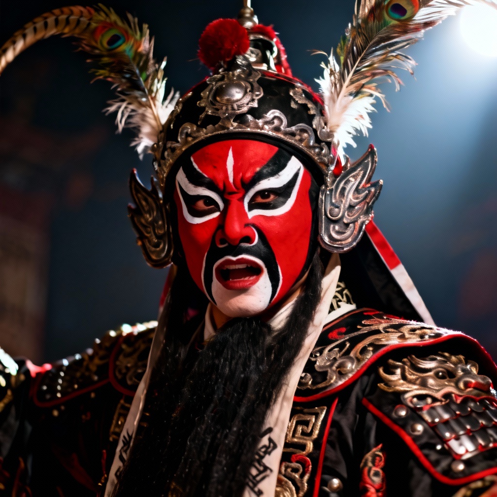 AI jing warrior with crimson face paint and pheasant plumes