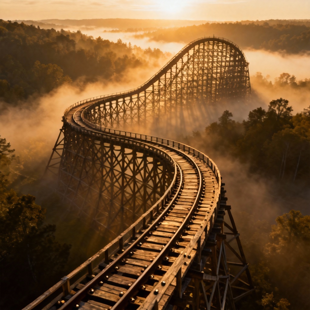 AI wooden coaster in sunrise fog above forest