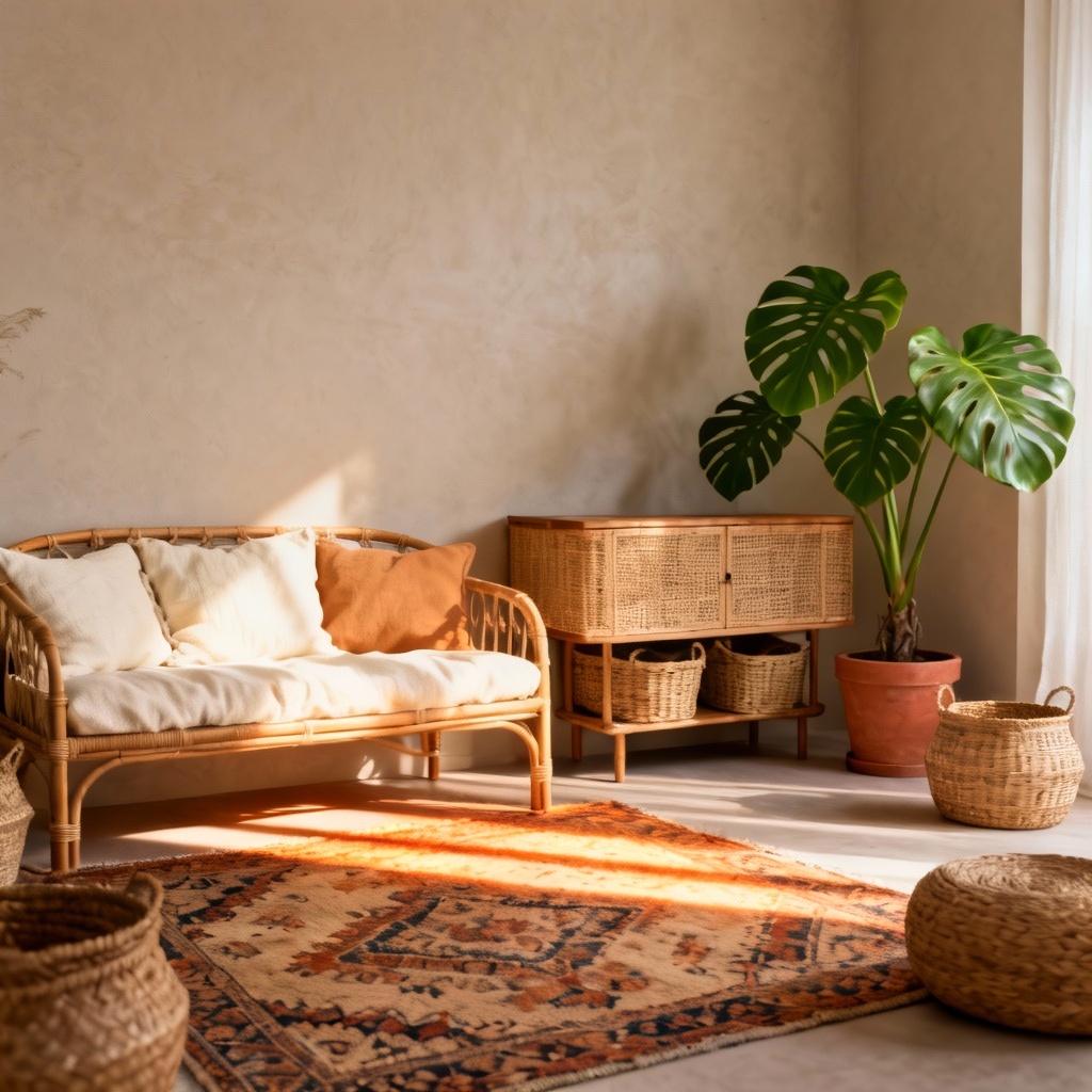 AI Boho Chic living room with rattan furniture and woven decor