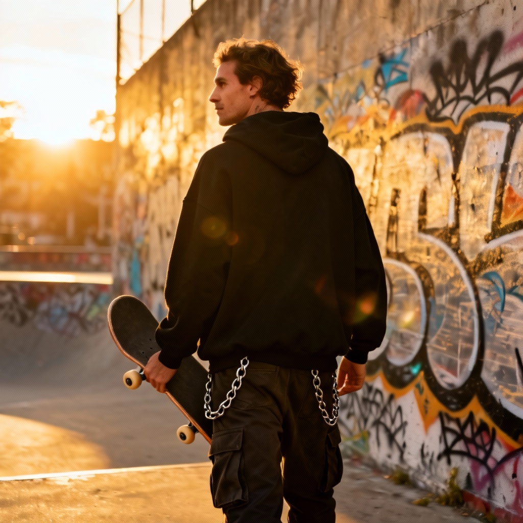 Streetwear skater bad boy in urban scene