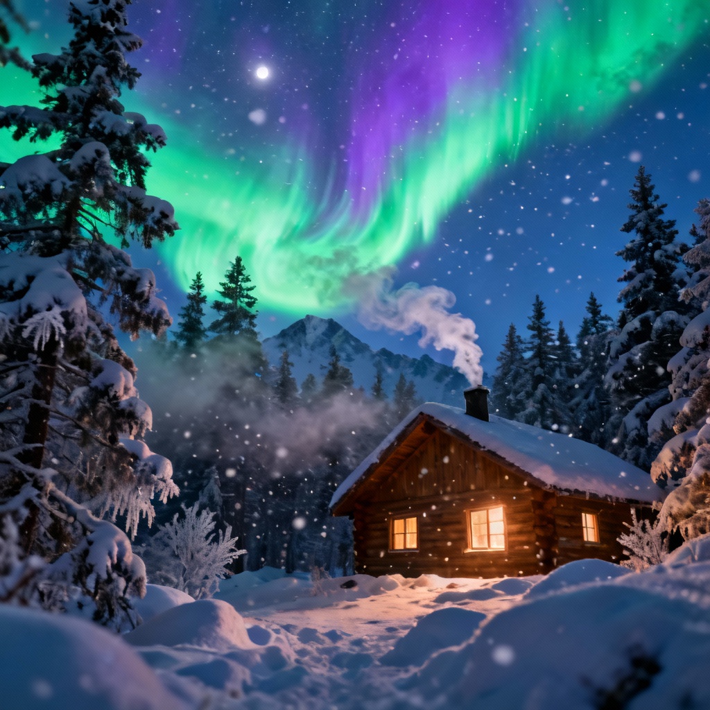 AI Winter Aurora Cabin Scene