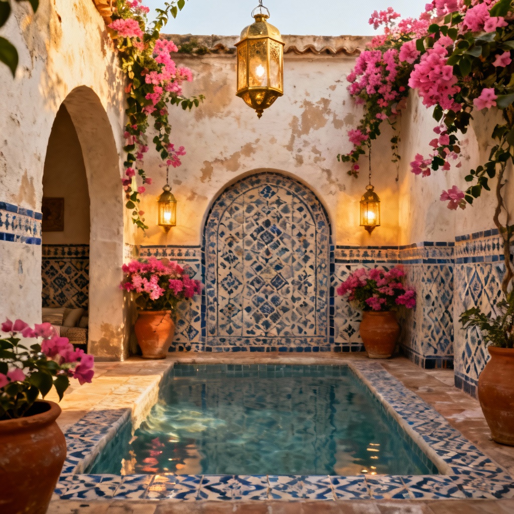 AI Mediterranean courtyard plunge pool with patterned tiles